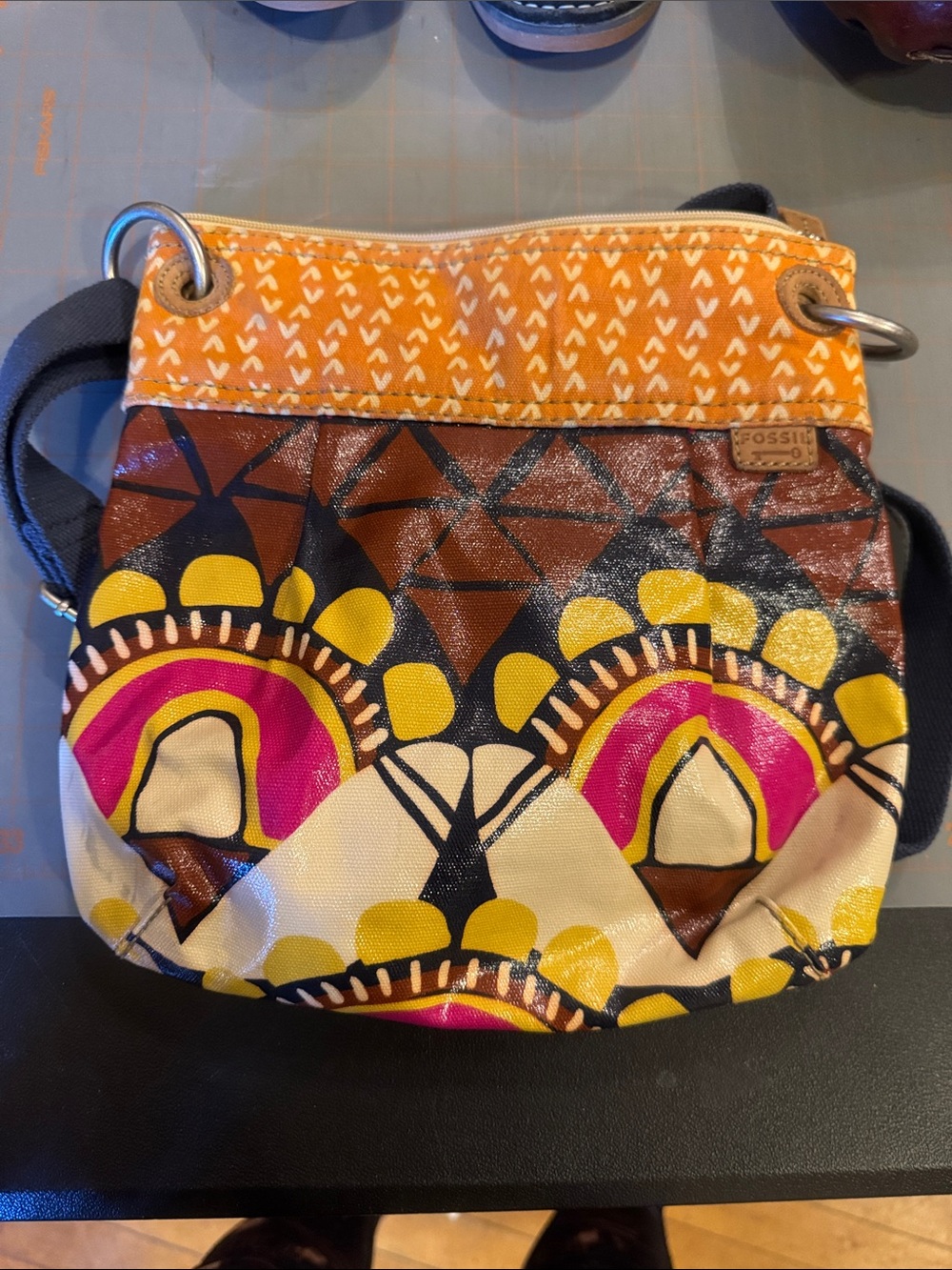 Fossil Key-Per Orange, Yellow, Pink & Brown Patterned Crossbody Bag